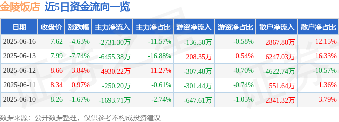 金陵饭店（601007）6月16日主力资金净卖出273130万元