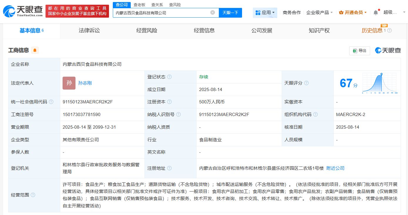 西贝等企业联手创立食品科技公司注册资本高达500万引关注