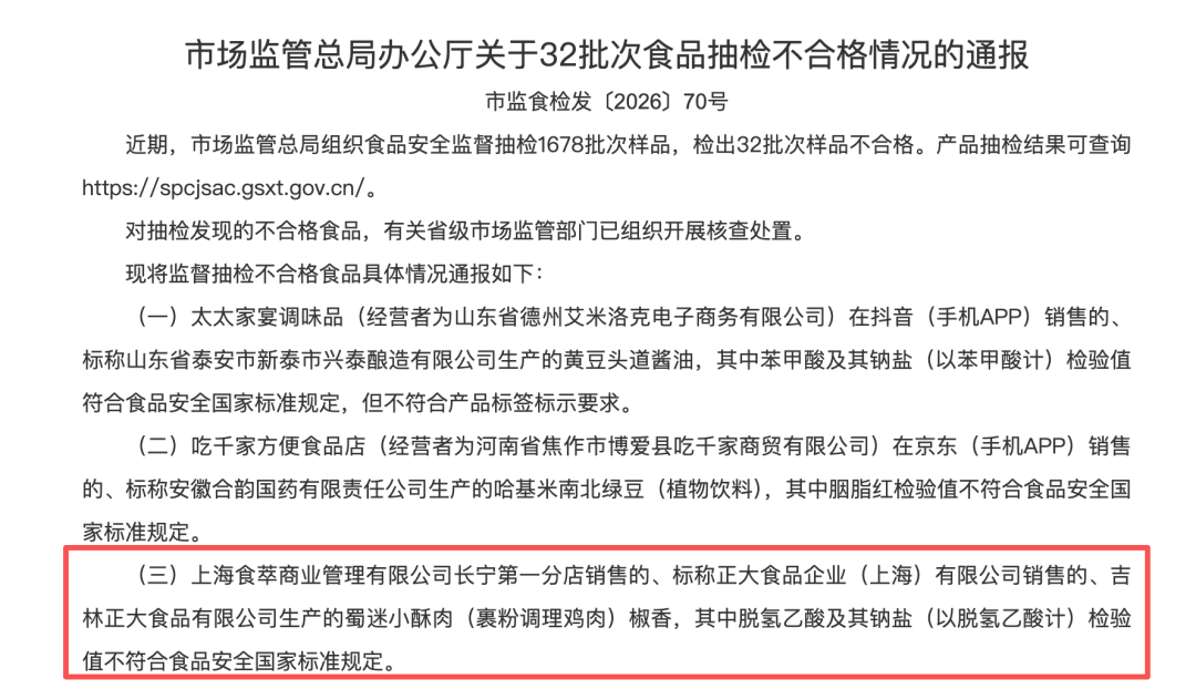 小酥肉检出禁用防腐剂“脱氢乙酸”正大食品被市场监管总局通报